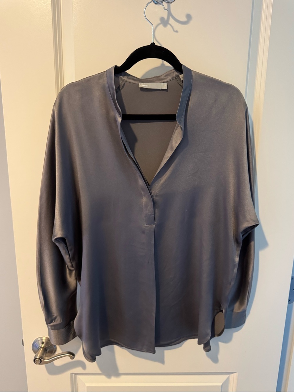 Vince Silky Band-Collar Slate Gray Blouse | S